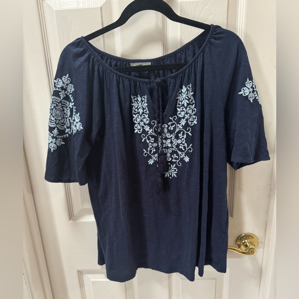 Style & Co. Navy Peasant Tunic with Light Blue Embroidery